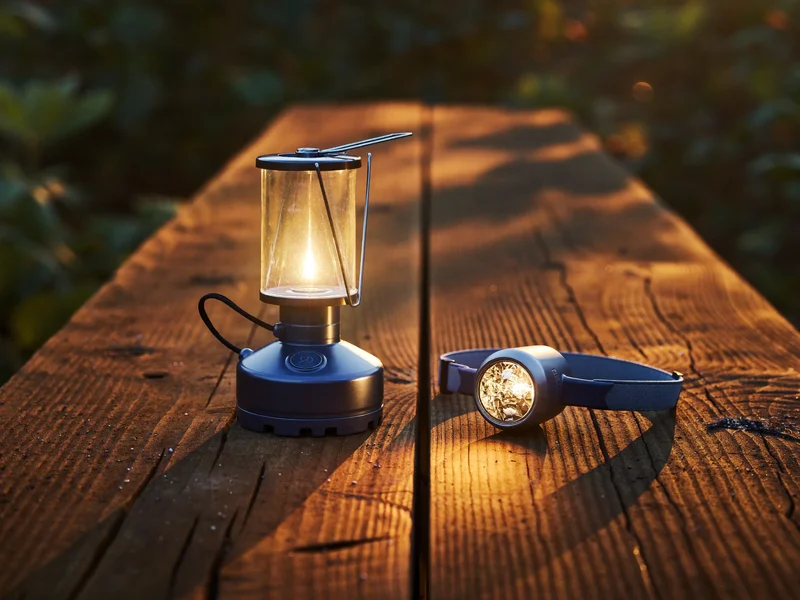 Kompakte Camping-Laterne und Stirnlampe mit warmem Licht auf rustikaler Holzplanke