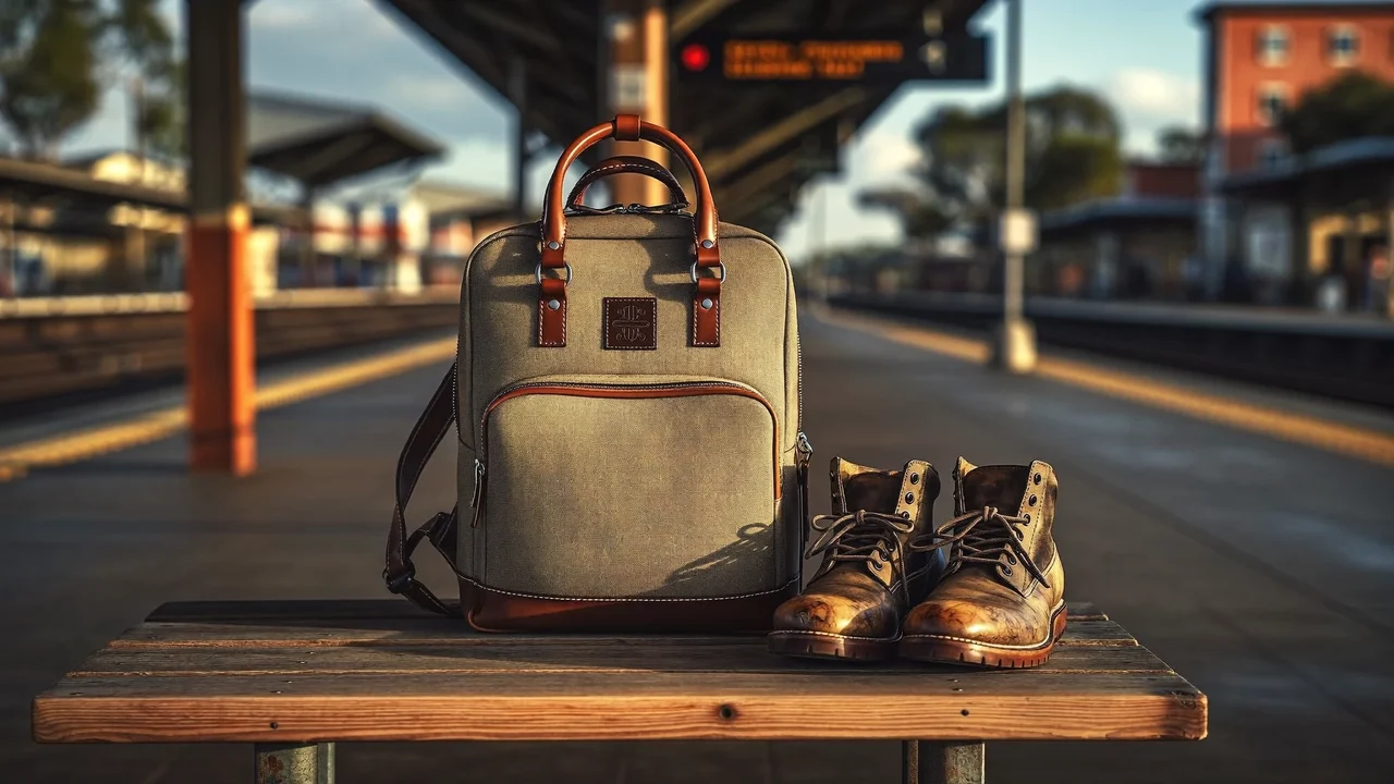 Rucksack und Wanderstiefel auf einer Bank an einem ruhigen Bahnsteig bei Abendlicht